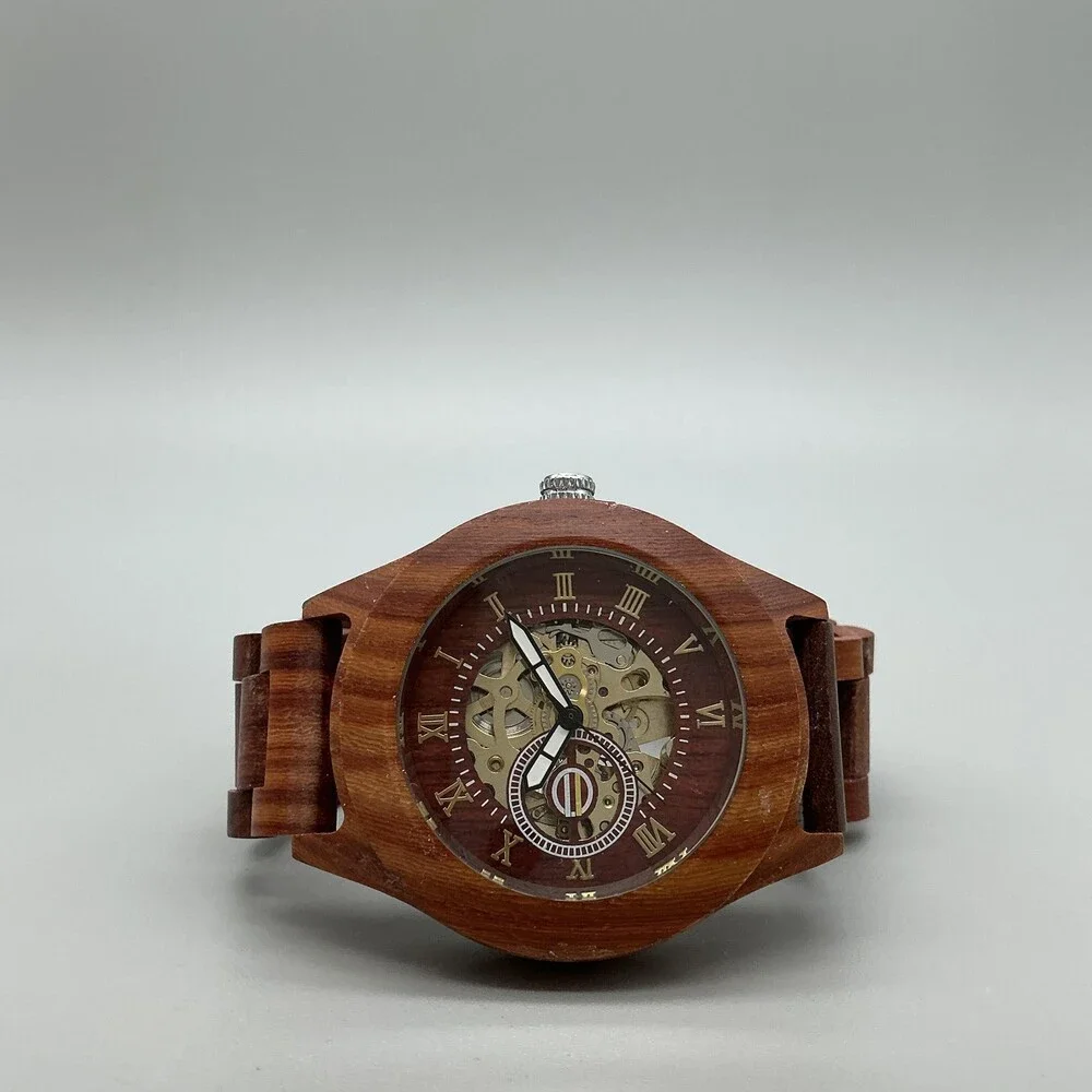 Mens Watch 45mm Brown Skeleton Dial Wood Bracelet Automatic Gold Tone 8.75